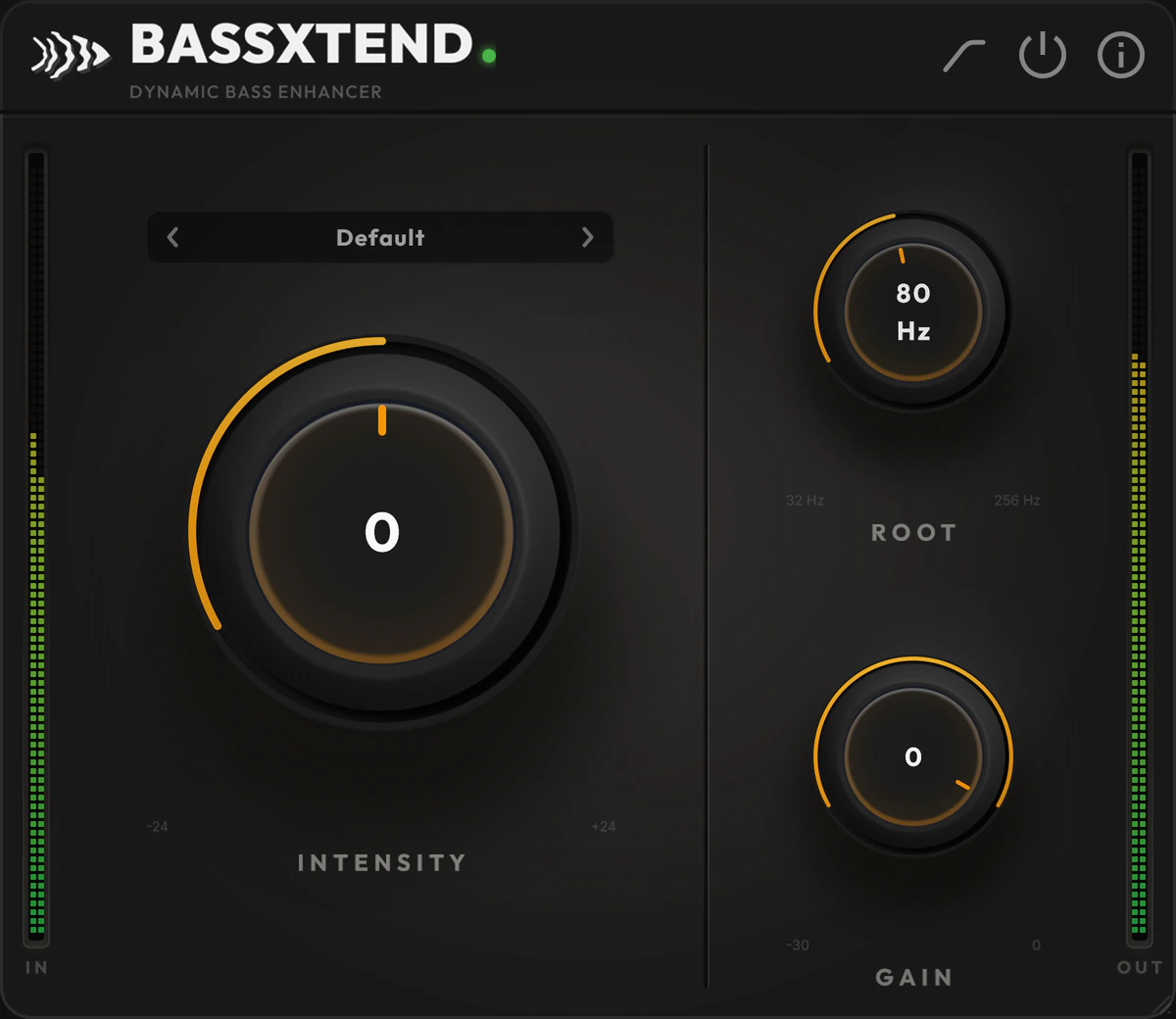 BassXtend bass enhancer plugin interface with the Intensity, Root and Gain knobs