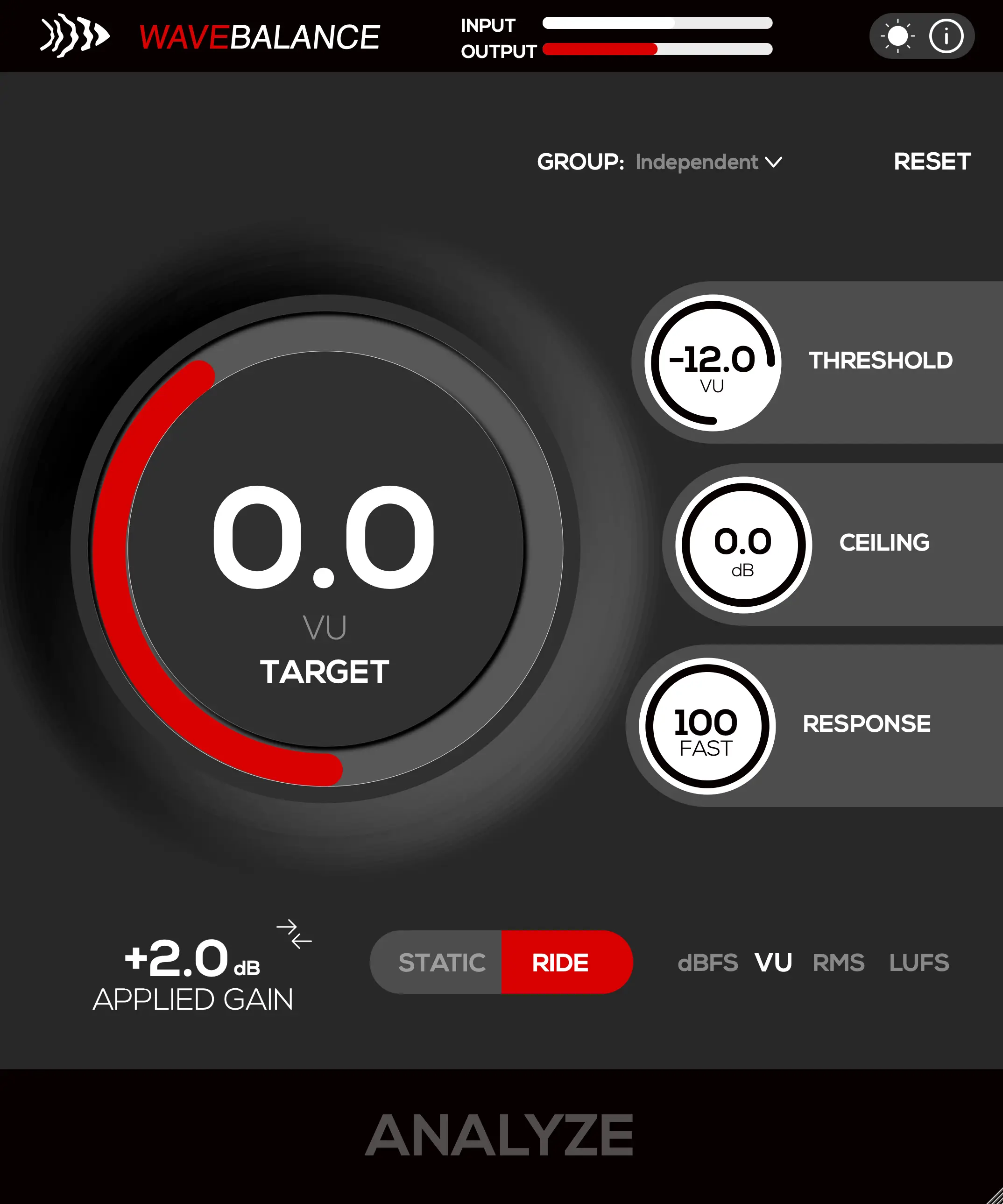 WaveBalance gain staging plugin dark interface